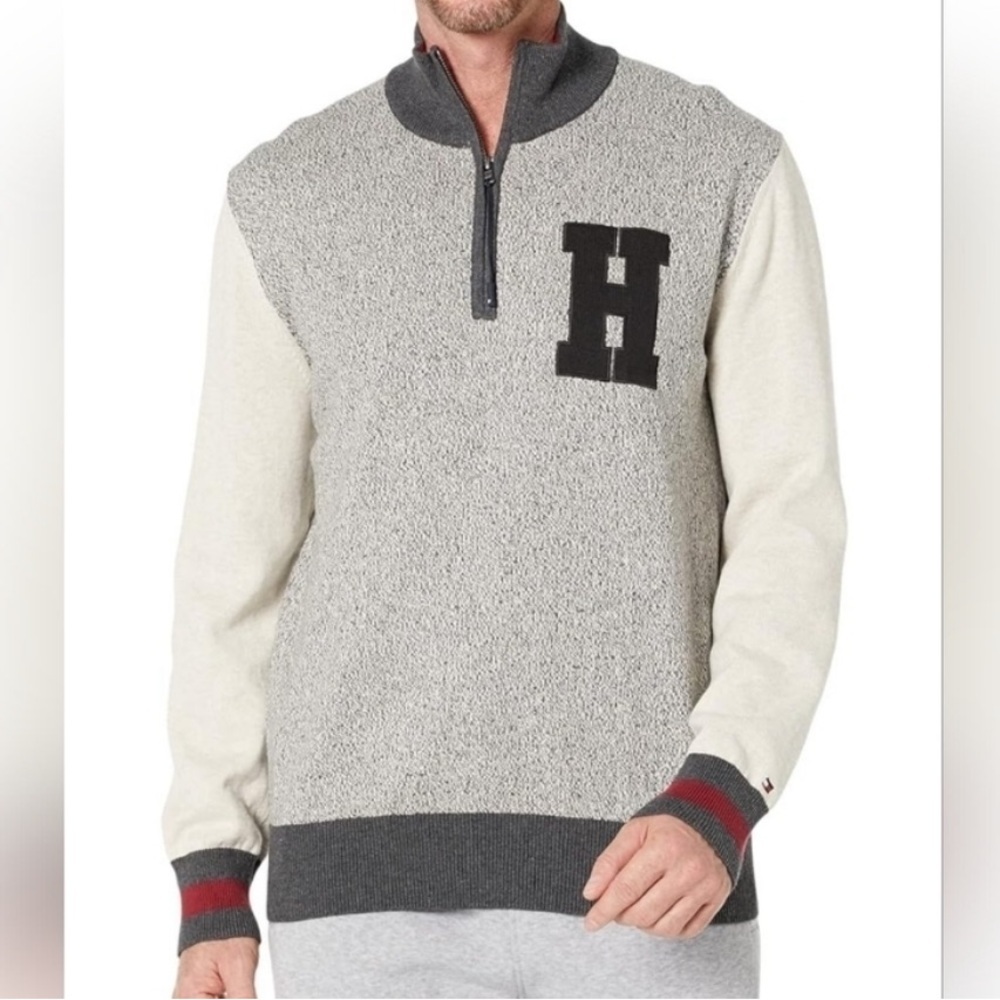 Tommy Hilfiger Gray and Cream Zip-Up Sweater